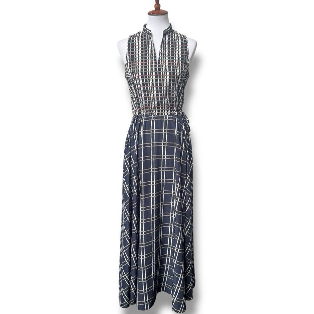 L.L Bean Signature Checkered Sleeveless Maxi Dress Navy Multi Women's Size 6